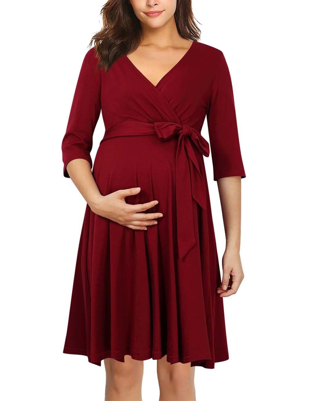 KOJOOIN Womens Maternity Dress Nursing Dresses Pregnancy Dress Breastfeeding Dress 3/4 Sleeve A-Line V-Neck Dress — view 14
