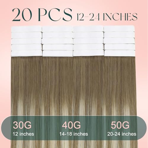 Image of Easyouth Human Hair Extensions Tape in Balayage 20 Inch Tape in Hair Extensions Human Hair Medium Brown Ombre Brown with Platinum Blonde Invisible Tape in Hair Extension 50g 20pcs