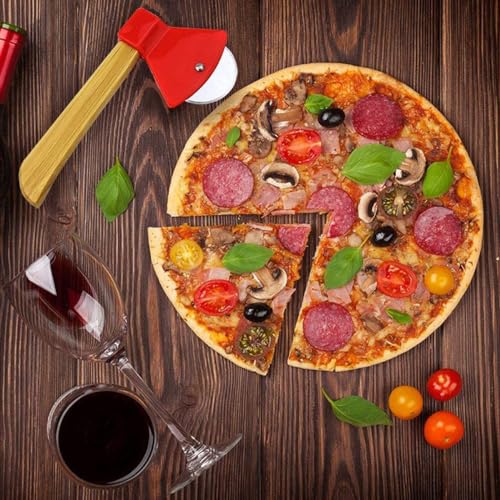 Funny &amp; Cool Axe Pizza Cutter – Unique Men Dad Tool With Steel Сircular Saw, Plastic Cover for Wheel Blade Knife &amp; Bamboo Handle – Cute Kitchen Gadgets Nonstick Stuff Slicer Accessories