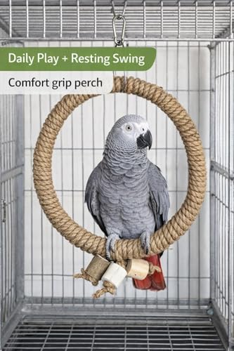Image of KSK Natural Jute Rope Bird Swing for Medium & Large Parrots | Strong Wooden Perch Hanging Swing Toy | Cage Accessory for African Grey, Amazon, Cockatoo, Macaw