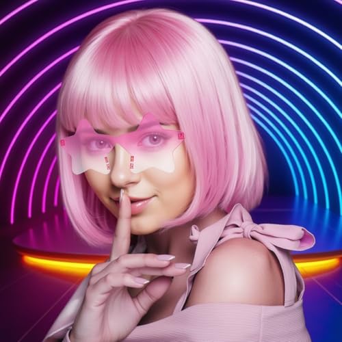 Image of ANOGOL Light Pink Bob Wig with Bangs Baby Pink Wigs for Women Colored Wigs | Hair Cap+Sunglasses Short Neon Wig for Bachelorette Party Funny Outfit for Women Halloween Costume Night Club Crazy Hair Day