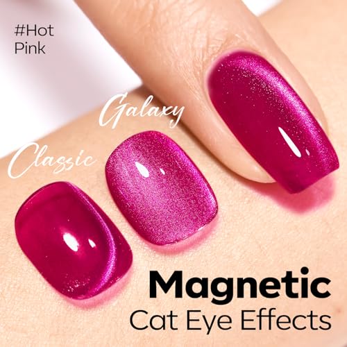 Image of modelones Hot Pink Cat Eye Gel Nail Polish Pink Glitter Holographic Pink Cat Eye Neon Shimmer Reflective Translucent U v Gel Magnetic Nail Polish 15ML