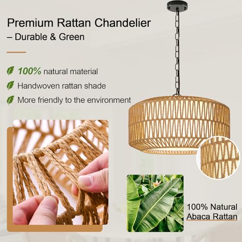 image for Lynnoland Farmhouse Chandelier Light Fixture, 5-Light Rattan Boho Chan