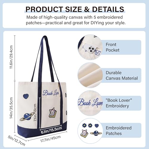 Vane Oak Canvas Tote Bag for Women, Book Lover Tote Bag with 5 Embroidery Patches Large Reusable Grocery Shopping Bag with Front Pockets DIY Your Creative Designs for Bookish Readers by Vane Oak - Used condition - Image 5