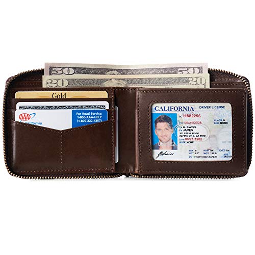 Image of Alpine Swiss Logan Mens Bifold Wallet All-Around Zipper Closure RFID Safe | Tested RFID Protection Genuine Full Grain Cow Hide 13 Card Slots Divided 2 Bill Sections Zips All Around Comes in Gift Box