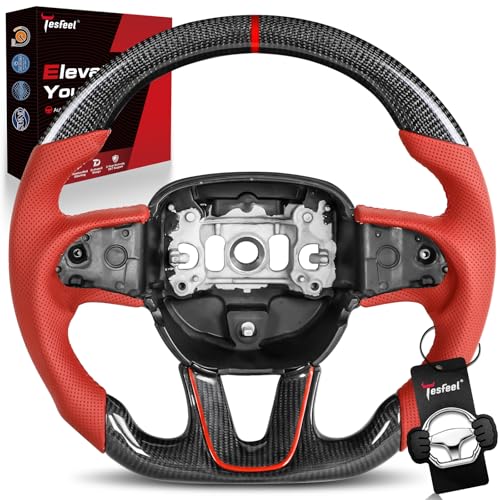 Tesfeel Real Carbon Fiber Steering Wheel for Dodge Charger for Challenger and for Durango (2015-2024) Genuine 3K Carbon with Crimson Accent Halo and Red Perforated Leather D-Shape