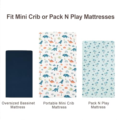 Image of david's kids 3 Pack Mini Crib Sheets, Soft Breathable Premium Pack N Play Sheets for Baby Boys Girls Neutral, Playard and Mini Crib Mattresses, Dinosaur Blue