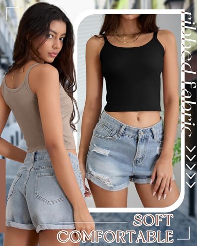 Ficerd 3 Pack Women's Spaghetti Strap Ribbed Tank Tops Scoop Neck Cotton Crop Camisole Slim Fitted Basic Sleeveless Layer3