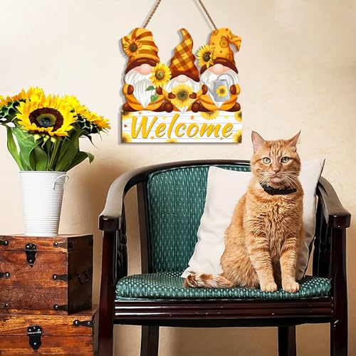 Sunflower Gnomes Welcome Door Sign,Summer Sunflower Wooden Hanging Sign for Front Door Decor, Summer Holiday Decorations for Kitchen Porch Window Wall Farmhouse Indoor Outdoor