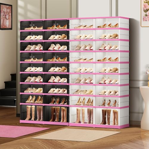 Image of CIMLORD 6-Tier Foldable Shoe Rack Organizer with Door, 24 Pairs, Black-Pink | Collapsible Large Shoe Rack for 24 Pairs, Fits Boots, Wide Stackable, Clear Door, Lidded Boxes, Easy Assembly, for Closet