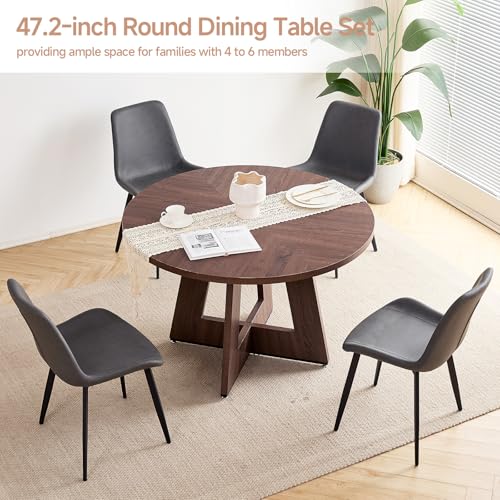 Image of 47 inch Round Dining Table Set for 4, Kitchen Table and Chairs | Wooden Cross Base, Synthetic Leather Chair, for Apartment