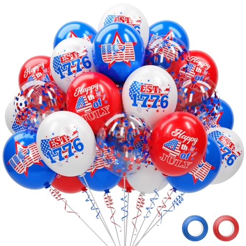 74 Pack 4th of July Decorations Red White and Blue Balloons Set - 12 Inch USA 4th of July Balloons with Ribbons Confetti Balloon for Patriotic Independence Day Party Decorations Supplies
