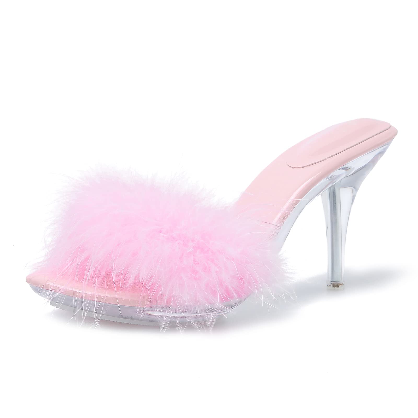 Women's Fuzzy Slippers Clear Heels Pointed Toe Stilettos Heels Mules Sandals Fluffy Feather Slip On High Heeled Party Prom Dresses Shoes