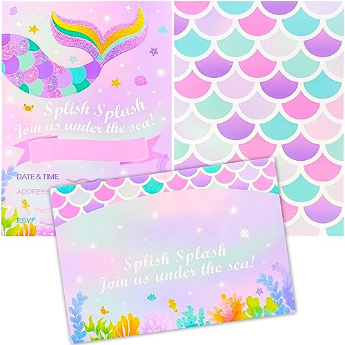 Steemjoey 20 peças convites com envelopes em sereias, suprimentos para a festa, mágico convites da sereia para meninas, para crianças e meninas festa de aniversário