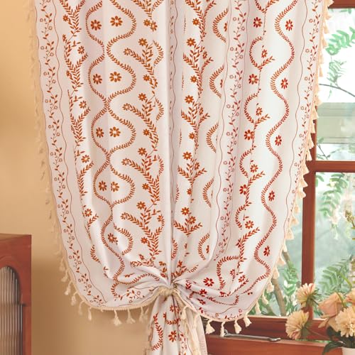 Image of Short Cafe Curtains for Small Window 45 Inch 2 Panels,Beige Floral Terracotta Boho Kitchen Curtain,Mid Century Bedroom Drapes with Tassel Decor,Beige and Rust Orange