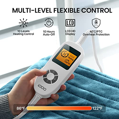 Idoo Heated Blanket Throw, 10 Heating Levels & 1-10 Hours Auto Off Electric Blanket, Ultra Soft Double-Side Flannel, Fast Heating Blanket 50"X 60", Etl Certified, Hd Display, Gifts For Women, Teal #TOP2
