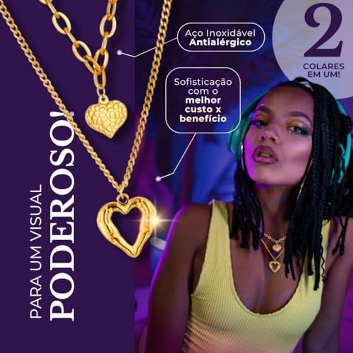 Colar Feminino Duplo em Aço Inoxidável e Pingente de Coração Ajustáveis - Hot Heart + Bolsa de Velud
