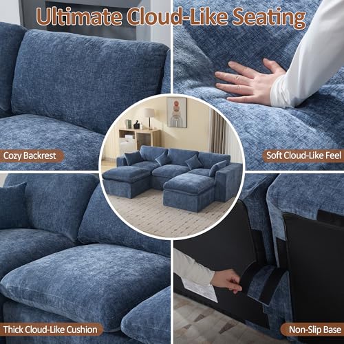 Image of 115'' Cloud Boneless Sectional Couch, Modular Sectional Sofa Deep Seat with 2 Ottomans, Oversized Upholstered Convertible Comfy 5 Seater Chenille Sofa U Shape Couches for Living Room, Blue