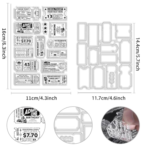 BEUNITONE 2pcs Vintage Ticket Stamp and Die Set Postage Clear Stamp Frame Cutting Dies for DIY Scrapbooking Star Silicone Stamps Embossing Stencils Template for Paper Card Making Album Craft Decor