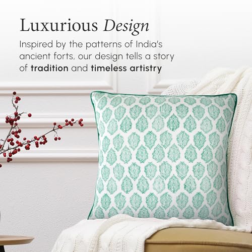CPC 100% Cotton Throw Pillow Covers 18x18 Inch, Set of 2 Green Block Print Pattern Couch Pillow, Cute Boho Decorative Pillows for Living Room, Bedroom with Hidden Zipper- Sea Green