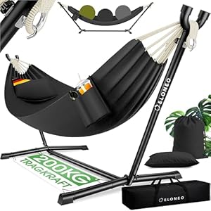 ELONEO Hängematte mit Gestell für 2 Personen | 200 kg Belastbarkeit | höhenverstellbares Hängemattengestell Outdoor und Indoor | Hammock inklusive Kissen, Tragetasche und Beutel