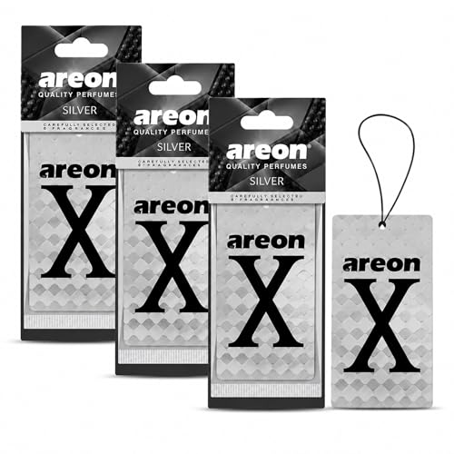Image of AREON X Silver Hanging Car Air Freshener - Long Lasting Fragrance for Cars - Stylish Interior Scent Freshener - Odor Neutralizing Air Freshener - Premium Auto Accessory for Daily Use (Pack of 3)