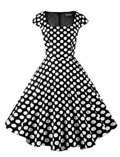 KILLREAL Women's Polka Dot Retro Swing Dress - Sleeveless Vintage Cocktail Dress With Plaid Patchwork (Black-Plaid, Small)