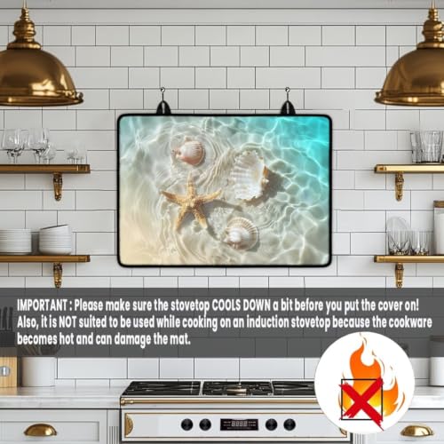 Image of Stove Top Cover for Electric Heat Resistant Glass Ceramic Cooktop Cover Mat Versatile Flat Top Induction Stove Cover Protector for Kitchen Decor, 29 x 21 Inch, Starfish Seashell