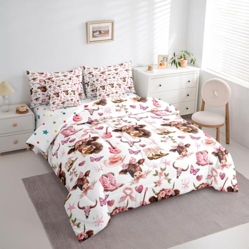 Image of Bow Highland Cow King Size Bedding Sets with Sheets,Comforter,Pillowcases,Pillow Covers 7 Pcs Cartoon Butterfly Heart Flowers Romantic Comforter Set Pink Cowboy Boots Southwestern Bedroom Dorm Bed Set