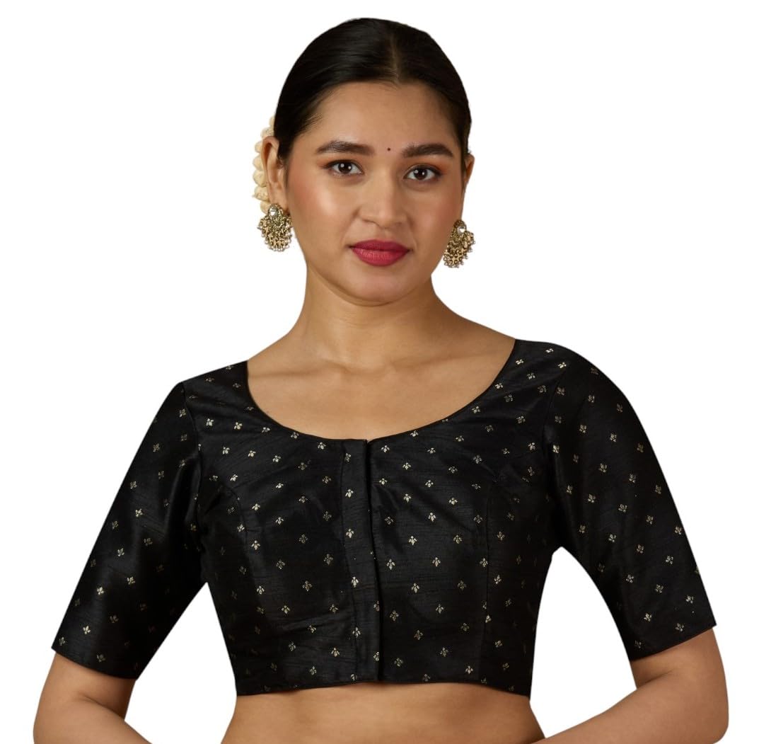 studio shringaar Women's Benaras Brocade Readymade Saree Blouse with Silver Booti-picture-34