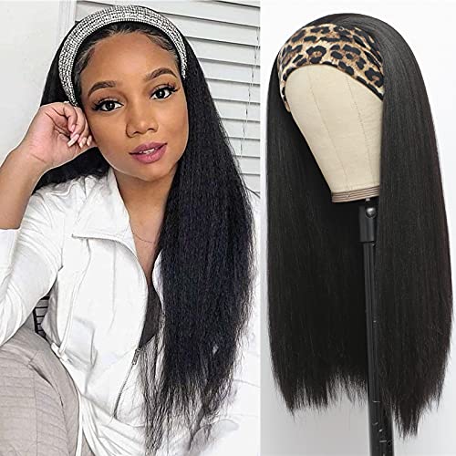 Jiarosi 22inch Kinky Straight Headband Wig for Black Woman Long Yaki Straight Hair Easy to Wear Premium Heat Resistant Fiber Synthetic Wig for Daily Use Party Natural Black Color)
