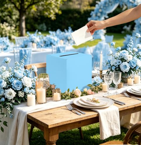 Image of SietDESEO Light Blue Card Box with Slot Money Gift Card Box Holder for Party Wedding Reception Birthday Graduation Bridal Shower Baby Shower Diaper Raffle Box