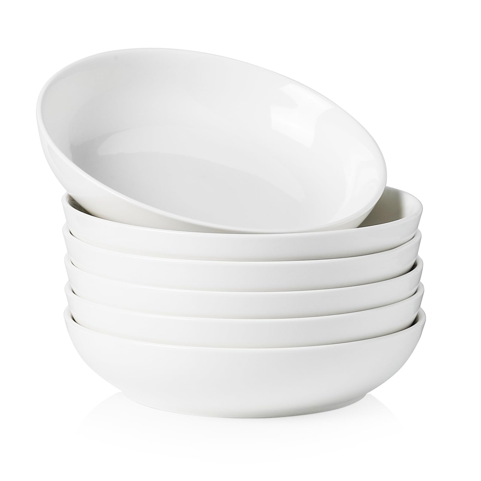 Kanwone Porcelain Pasta Bowls, 32 Ounce Salad Bowls - Set of 6, Shallow Soup Bowls Plates, Large Serving Bowl Set, Microwave and Dishwasher Safe, White