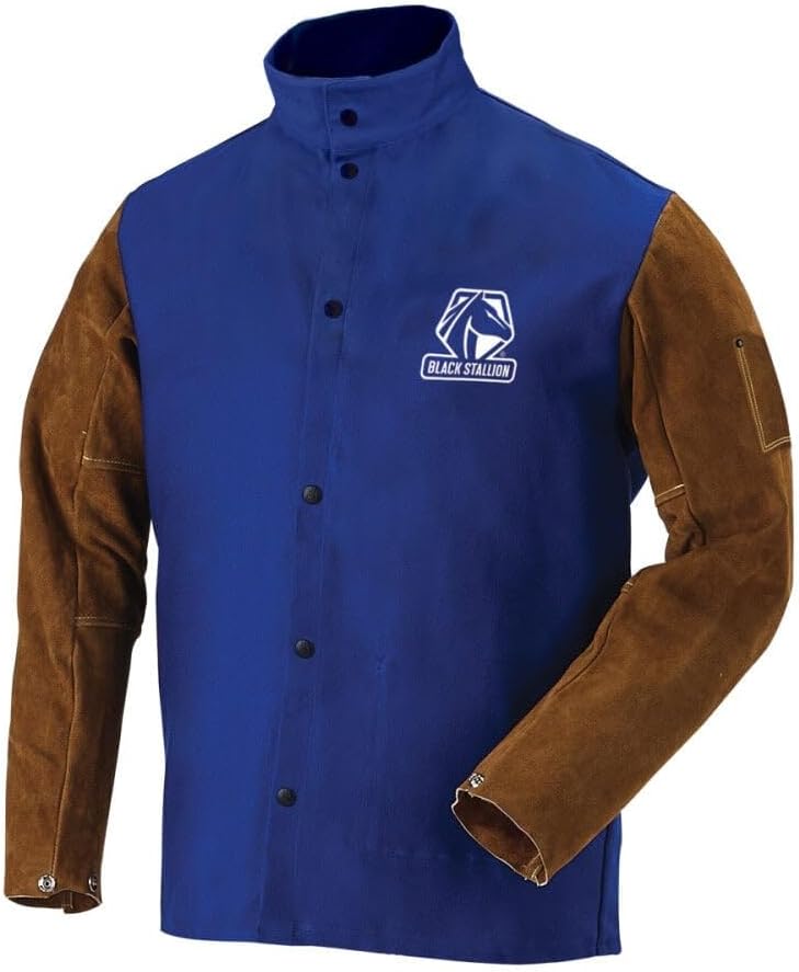 Black Stallion (FRB9-30C/BS) 30" Length, 9 oz Flame-Resistant Cotton & Cowhide Hybrid Welding Jacket, Standup Welder's Collar, Dual Scribe Pockets, 2X-Large, Royal Blue and Brown