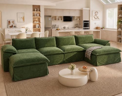 Image of Claiks 157 inch Modular Boneless Couch, U Shaped Couch for Living Room, Modern Deep Seat Sofa 4 Seater Chenille Fabric Comfy Cloud Couches with Movable Ottoman, Dark Green