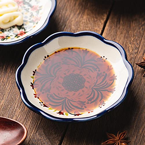 Sizikato 4Pcs Porcelain Appetizer Plate, 4-Inch Snack Plate Sauce Dipping Saucer, Exotic Flower Pattern #TOP1