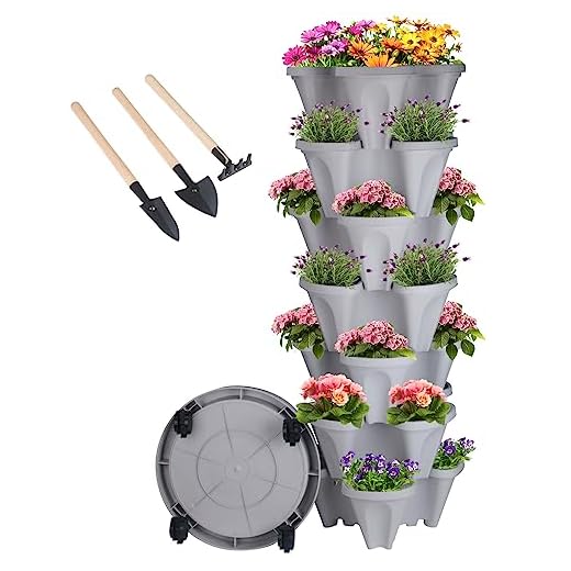 Vertical Planter 7 Tier Stackable Planters Garden Tower Planters Strawberry Herb Flower and Vegetable Planter Indoor Outdoor Gardening Pots with Removable Wheels and Tools
