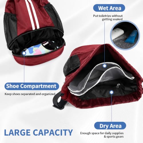 Image of JELUTAR Drawstring Backpack Gym Bag with Shoes Compartment, Burgundy