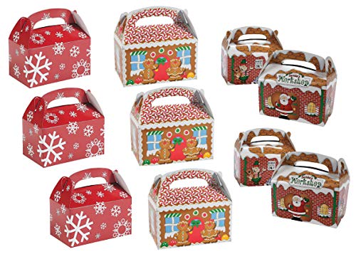 FAKKOS Design Christmas Treat Boxes (36 Total) Holiday Cardboard Bulk 3D Xmas Gable Gift Boxes - for Candy, Cookies, Classroom Including 12 Gingerbread 12 Snowflake 12 Santa's Workshop