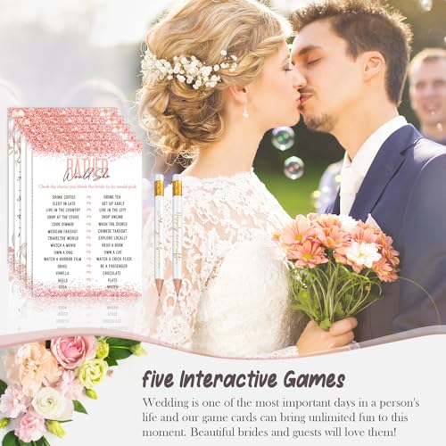 Spakon 135 Pcs Bridal Shower Game Bridal Shower Favors Set Include 125 Wedding Games Cards and 10 Pencils for Bride Groom Bachelorette Party Wedding Party Favor(Pink Balloon)