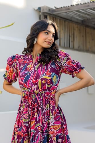Image of LABEL ADRIJA Pure Cotton Calf Length Midi Dress for Women Floral Print | Flared Anarkali Dress Puff Sleeves