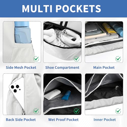 Image of JELUTAR Drawstring Backpack Gym Bag with Shoes Compartment, White | Water-Resistant String Backpack for Soccer, Basketball, Swim, Beach Cinch for Women Men, 22 L Large Capacity, Wet Pocket