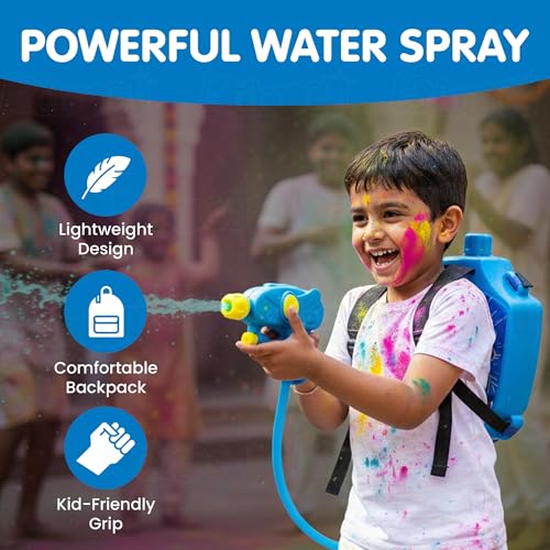 Image of Holi Pichkari High Pressure Water Gun with Backpack Tank | Leak-Proof Back Holding Water Blaster for Kids | Large Capacity Tank | Holi & Summer Outdoor Toy for Boys & Girls (Blue)