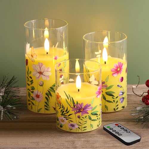 Eywamage Yellow Floral Glass Flameless Candles...
