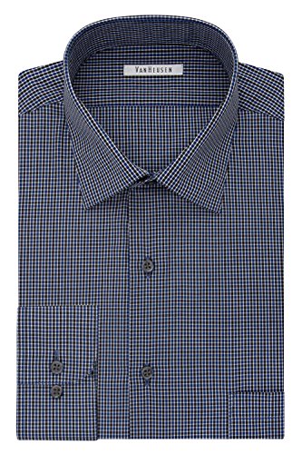 Van Heusen Men's Regular Fit Gingham Spread Collar Dress Shirt, New Navy, 16