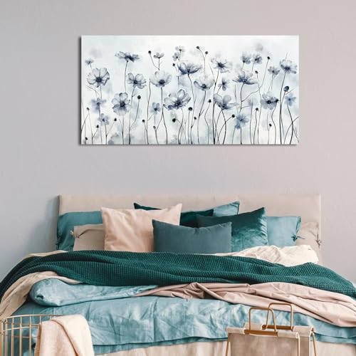 Image of VEAEE Framed Flowers Canvas Wall Art - Indigo Floral Canvas Pictures, Living Room Wall Decor, Botanical Canvas Prints Painting Abstract Artwork Bedroom Office Home Decor 24 inchx 48 inch