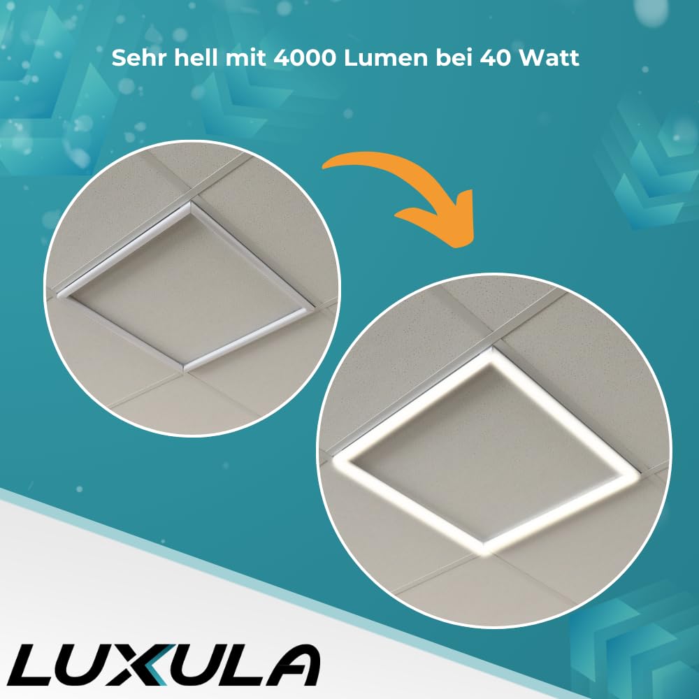 LUXULA 4er Pack beleuchteter LED Rahmen 62x62cm - steckbarer Leuchtrahmen - 40W 4000lm - 4000K Neutralweiß - inkl. 230V Netzteil - Lichtdesign - Alternative zu LED-Panel Rasterleuchte Einbaulampe