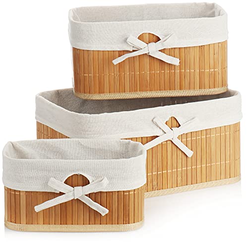 com-four® Juego de Cestas de Bambú de 3 Piezas - Cesta para Organizar y Decorar - Caja de Almacenamiento en 3 Tamaños para Armarios y Estanterías (Cesta de bambú - 3 Piezas)