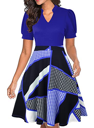 Image of Mokayee Womens Summer Short Puff Sleeve Casual Semi-Formal Fit and Flare Church Wedding Guest Work Dresses with Pockets
