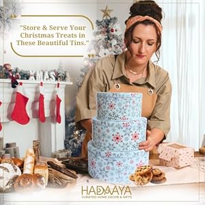 Round snowflake christmas tin setstackable holiday storage containers with red and silver snowflake design perfect for cookies candy and gifts decorative winter gift boxes set of 3  urban country home decor